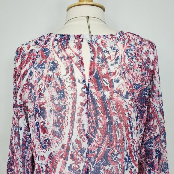 Belle & Sky Blue Red Cream Semi Sheer Pullover Top w/Shirring, L - Picture 7 of 10